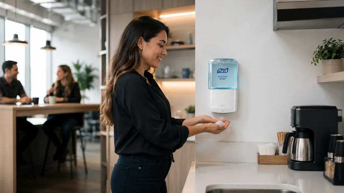 Coffee point corporativo con dispensador PURELL ES8 para higiene de manos en oficinas, mejorando la experiencia del colaborador, la limpieza del área de café y la percepción de marca empleadora.