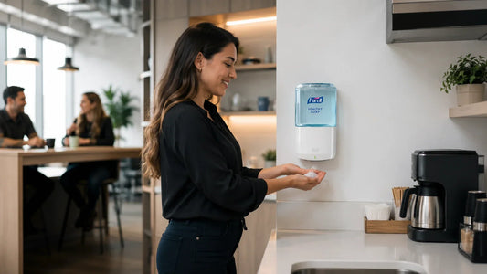 Coffee point corporativo con dispensador PURELL ES8 para higiene de manos en oficinas, mejorando la experiencia del colaborador, la limpieza del área de café y la percepción de marca empleadora.