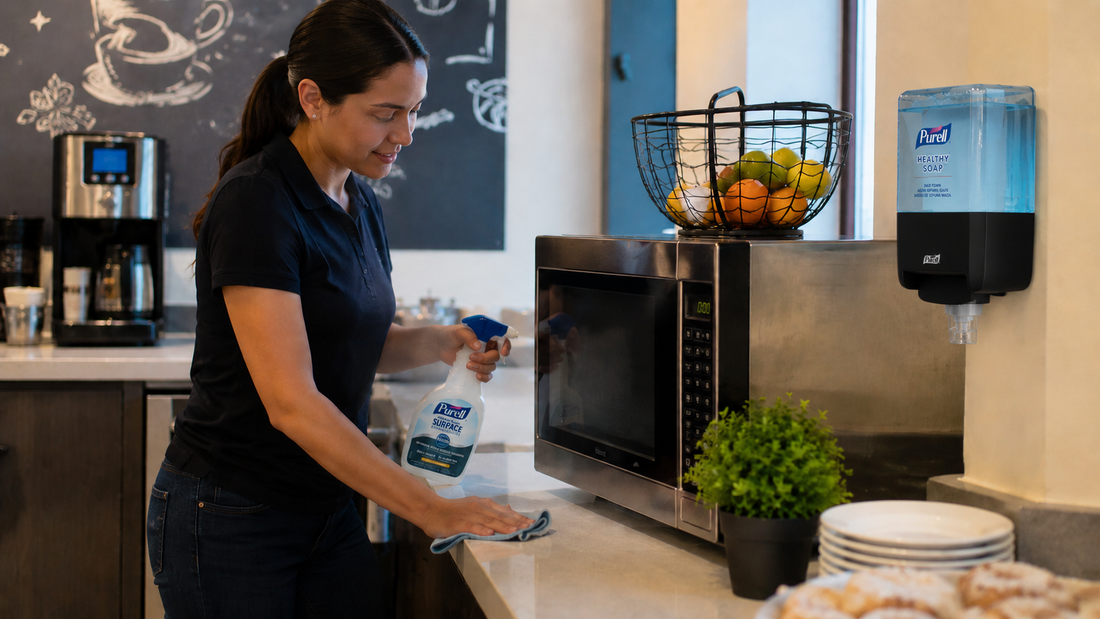 Personal de limpieza desinfectando superficies en un coffee point corporativo con PURELL Surface y sistema PURELL Healthy Soap para mejorar la inocuidad alimentaria.