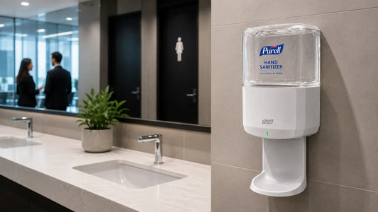 Dispensador PURELL ES8 con SMARTLINK™ instalado en baño corporativo moderno, ilustrando la importancia de mantener puntos de higiene abastecidos para mejorar la percepción de limpieza y la experiencia de los usuarios en oficinas.